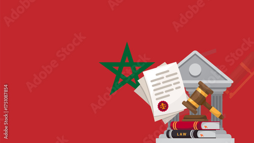 Moroccan Legal System and Justice Illustrated concept with official documents, a judge's gavel, and a courthouse against the national flag, symbolizing governance and rule of law