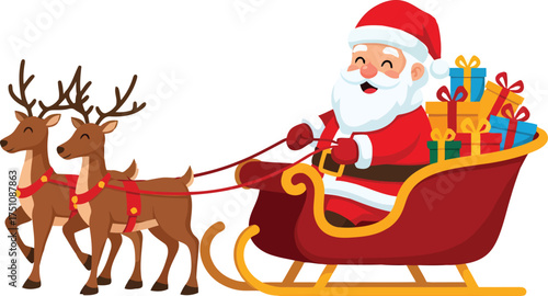 A cheerful cartoon portrayal of the classic Christmas scene, featuring Santa's sleigh and his trusty reindeer in full flight, making their way to deliver holiday gifts