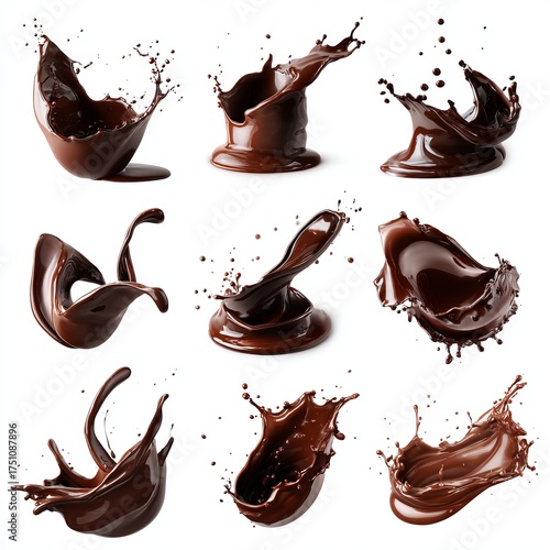 Nine images of dark chocolate liquid splash, depicting various shapes and forms