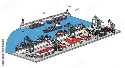 Illustration of busy maritime trade port activity with cargo ships and cranes, depicting global transportation infrastructure, a coastal area scene