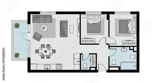 Detailed two-bedroom apartment floor plan with balcony and modern interior layout showcases functional living spaces and architectural design
