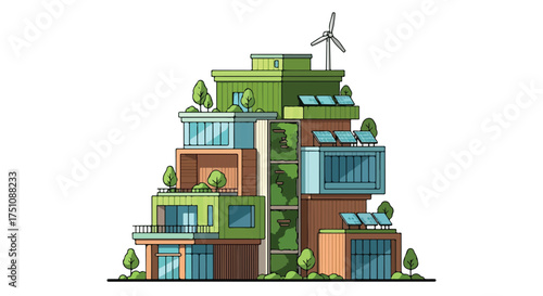 Eco-Friendly Modular Building Showcasing Green Energy Technology and Sustainable Design Concepts Portraying a Harmony Between Urban Living and Nature