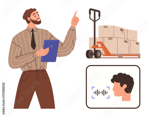 Business professional holding a tablet, instructing logistics with a pallet jack and stack of boxes, voice recognition element. Ideal for management, technology, logistics, teamwork, communication