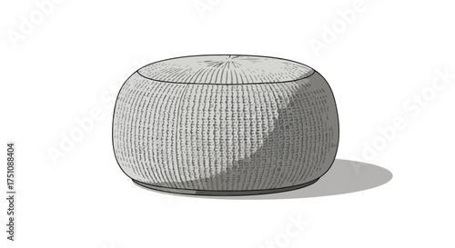 Detailed illustration of a circular, textured ottoman in a neutral tone, isolated against a white backdrop showcasing its intricate woven pattern