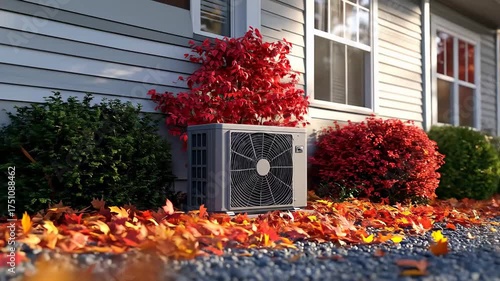 Modern Heat Pump Air Conditioner Unit Outside a House in Autumn.