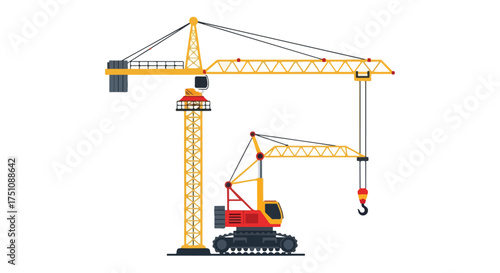 Illustration showcasing towering yellow construction crane and smaller red track crane conveying concept of infrastructure engineering progress