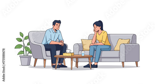 Illustration showcasing a psychotherapy session with a woman and therapist addressing emotional well being and providing support through counseling