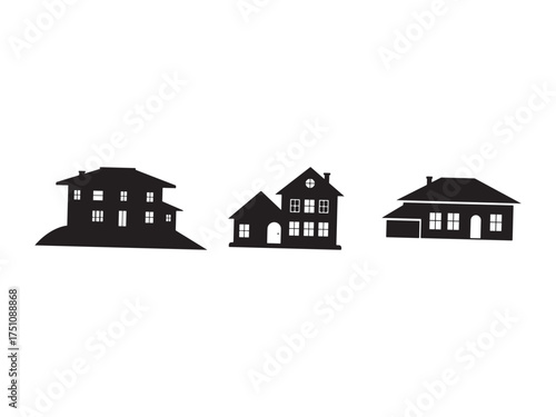 Silhouetted houses illustration representing suburban neighborhood real estate and home ownership opportunities in a residential community concept isolated on white background