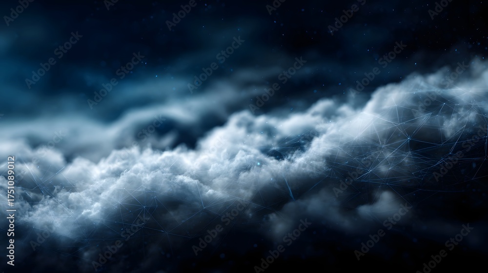 Obraz premium Futuristic network structure woven through dark ethereal clouds with glowing blue connections