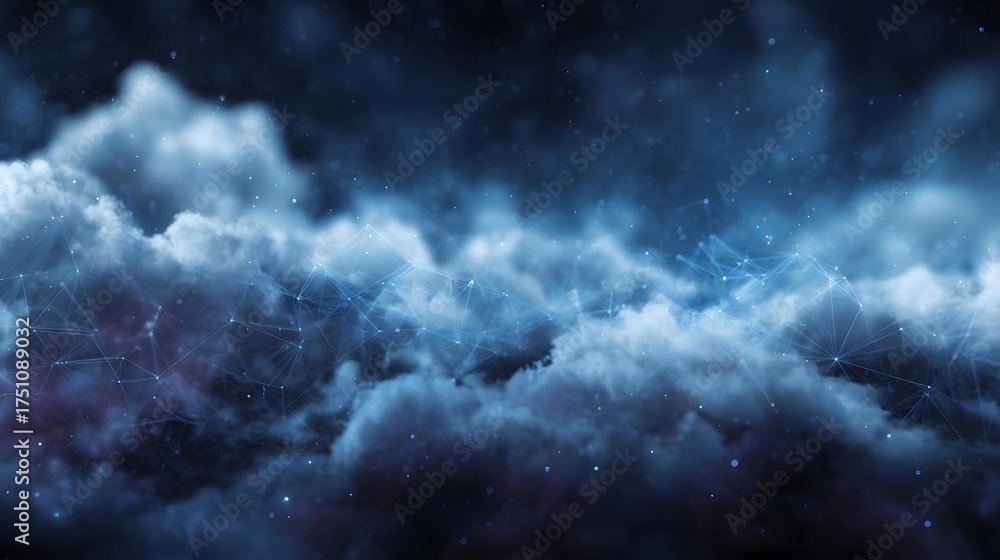 Fototapeta premium Futuristic digital network structure in dark blue clouds with glowing lights