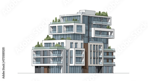Contemporary Architectural Design: Multi-Level Residential Building with Green Roofs and Balconies