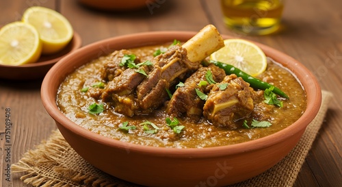 Delicious Indian Mutton Curry with Bone and Lemon Slices in Earthen Bowl