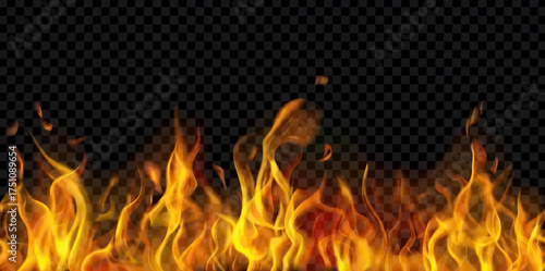 Translucent fire flames and sparks with horizontal repetition on transparent background. For used on dark illustrations. Transparency only in vector format