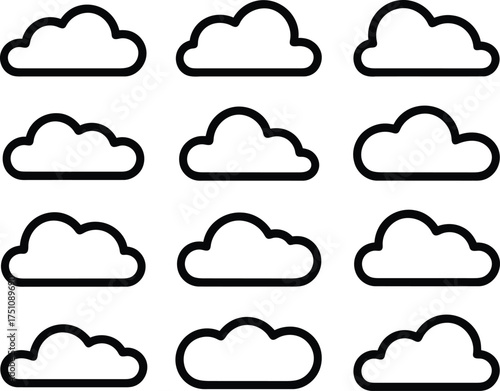 Collection of nine cloud icons in minimalist black and white style