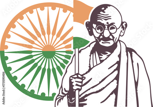 Mahatma Gandhi portrait with Indian flag Ashoka Chakra
