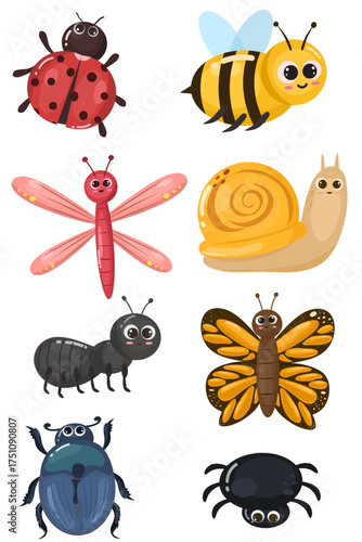 Illustration of a collection of cartoon clipart featuring various insects with cute and adorable faces 