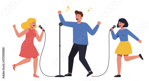 Bild auf Leinwand Group of People Singing Karaoke with Microphones and Music Notes