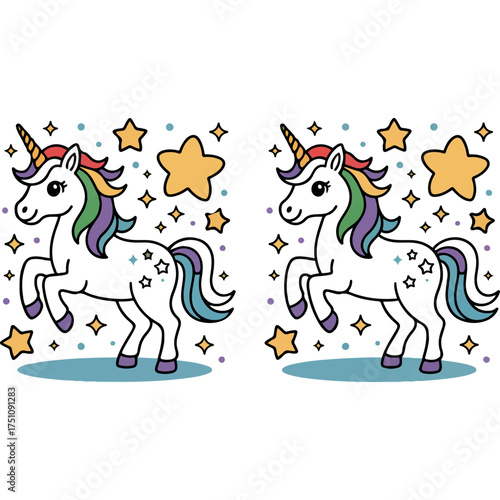 Cute Cartoon Unicorns on a Cloud with Rainbow Mane and Stars Vector