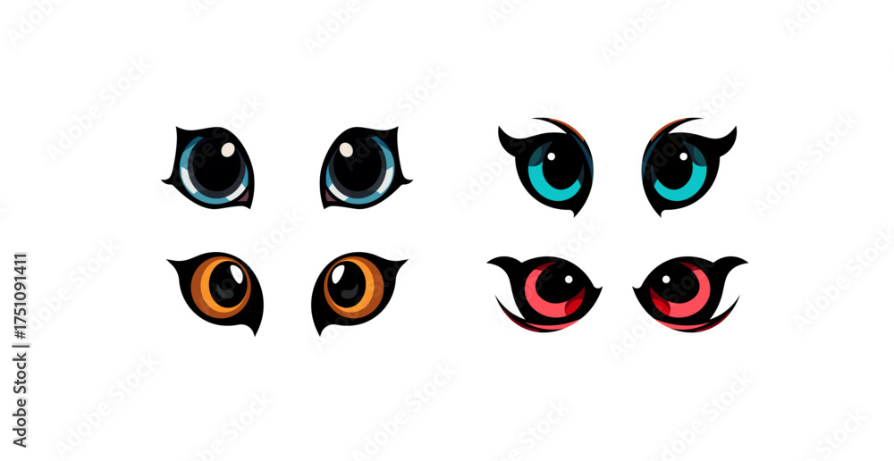Fototapeta premium Set of animal cartoon eyes on a white background. Vector illustration.