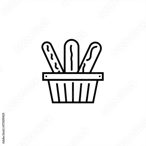Line drawing of a basket filled with three loaves of bread on a white background
