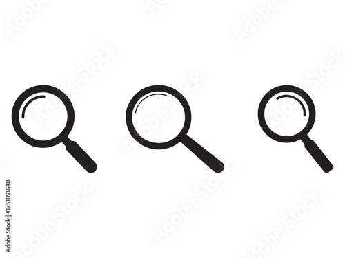 Three magnifying glass icons in a row representing searching exploration and investigation on white background ready for design elements and search engine optimization