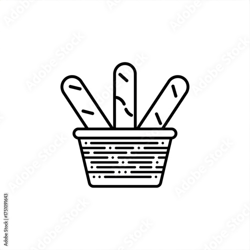 Illustration of a basket filled with three baguettes in a simple line drawing