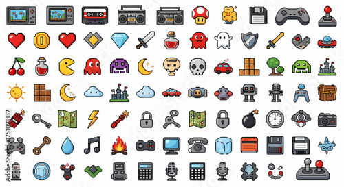 A vibrant collection of retro pixel art icons representing classic video game elements, technology, and everyday objects