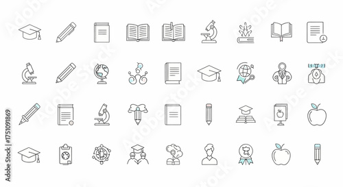 Educational Icons Set Graduation, Books, and Science Elements for Learning and Knowledge