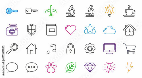 A visually appealing and diverse collection of outline icons representing various concepts, perfect for digital design and presentations