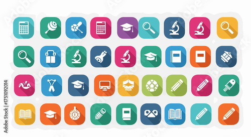 Set of colorful flat design long shadow icons representing various educational and scientific concepts for web and mobile applications