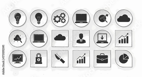 Versatile collection of business and technology concept icons, representing innovation, digital solutions, data analysis, security, and strategic growth for modern enterprises