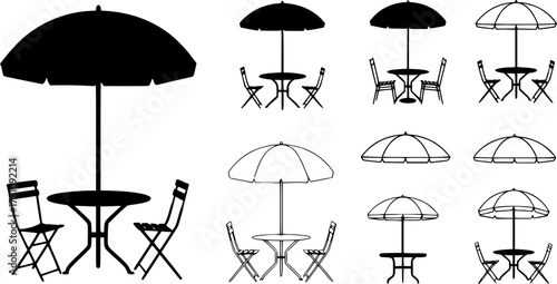patio table with umbrella cafe chair table umbrela set set of silhouette. patio table with umbrella cafe chair table umbrela set icon set vector on white background
