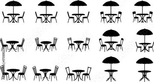 patio table with umbrella cafe chair table umbrela set set of silhouette. patio table with umbrella cafe chair table umbrela set icon set vector on white background
