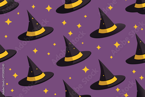 Seamless pattern of black witch hats with yellow bands and golden stars on purple background