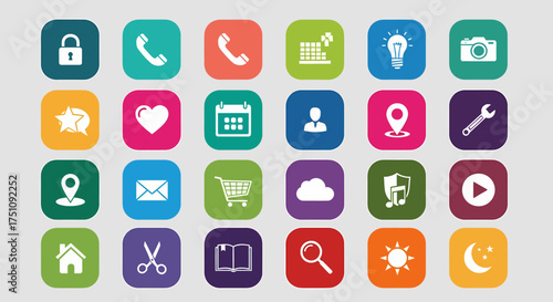 Vibrant collection of modern flat design app icons, perfect for web interfaces, mobile applications, and digital dashboards, featuring diverse symbols for everyday functions and user experience