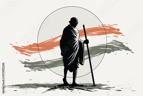 Silhouette of man with staff and abstract paint strokes