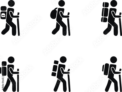 Six black silhouette hikers with backpacks and poles
