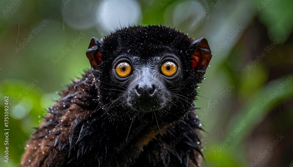 Fototapeta premium A close-up view of a lemur with deep black fur, caught in the rain. Its large, orange eyes stare directly at the viewer, framed by greenery