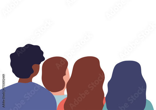 Four diverse people seen from behind, looking forward, showcasing community and social gathering with minimalist design.