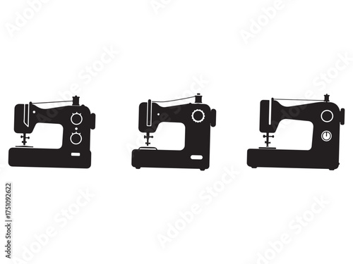 Three Sewing Machines Black Silhouettes on White Background for Tailoring Concepts and Crafting Enthusiasts Creative Projects