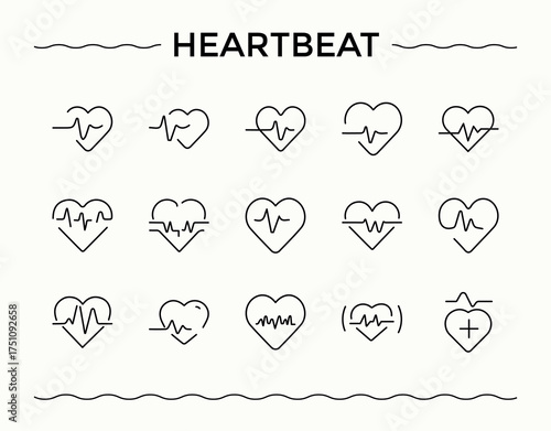 Heartbeat icon set. Perfect for logos and infographic. Editable stroke. Pixel Perfect. Health icon set. Pack of cardiogram, hospital, care, pulse, cardiology and more.