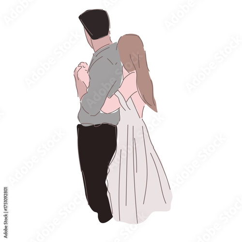 Romantic wedding couple illustration in elegant poses wearing suit and white dress