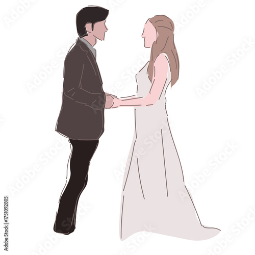 Romantic wedding couple illustration in elegant poses wearing suit and white dress