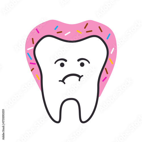 A tooth with a sad expression, surrounded by a pink, sprinkled donut used to represent the concept of "sweet tooth" or the negative effects of sugar on dental health.