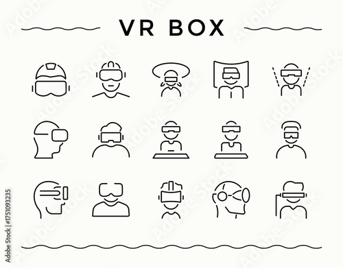 Virtual Reality icon set. Vr icon set. Included simulation, reality, vr, digital, tech, virtual, 3d and more. Editable stroke. Vector collection.