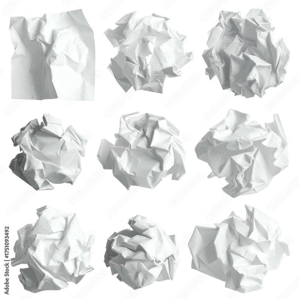 Obraz premium Nine isolated crumpled white paper balls, some intact, on a black background