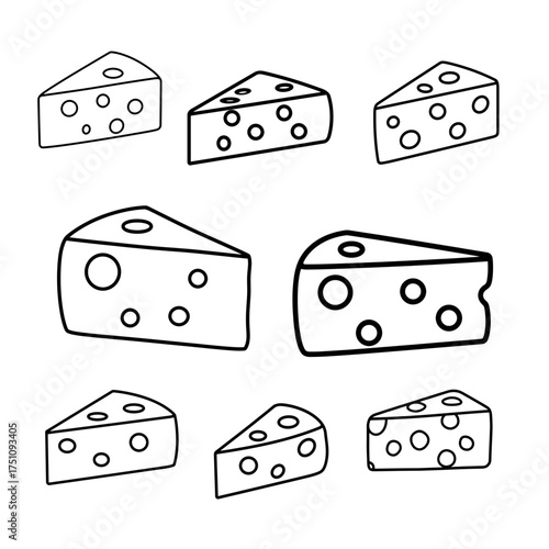 Outline drawing of seven cheese wedges with holes in a simple black and white style