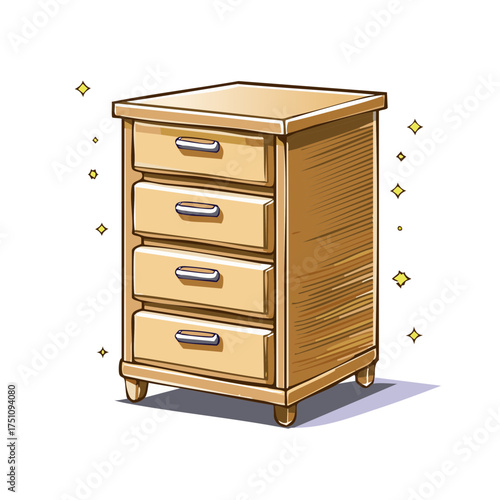 Illustration of a wooden nightstand with drawers, stylized.