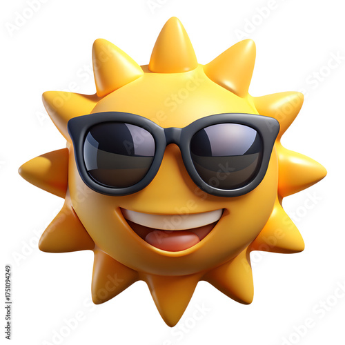 3D cool sun emoji wearing black sunglasses with happy smiling face representing summer fun vacation and sunny weather