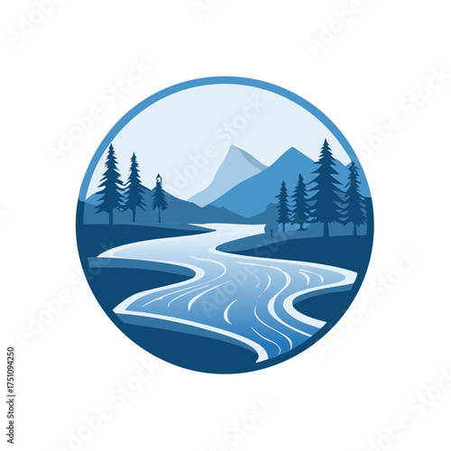 Blue landscape scene with river, mountains, and pine trees in circle design